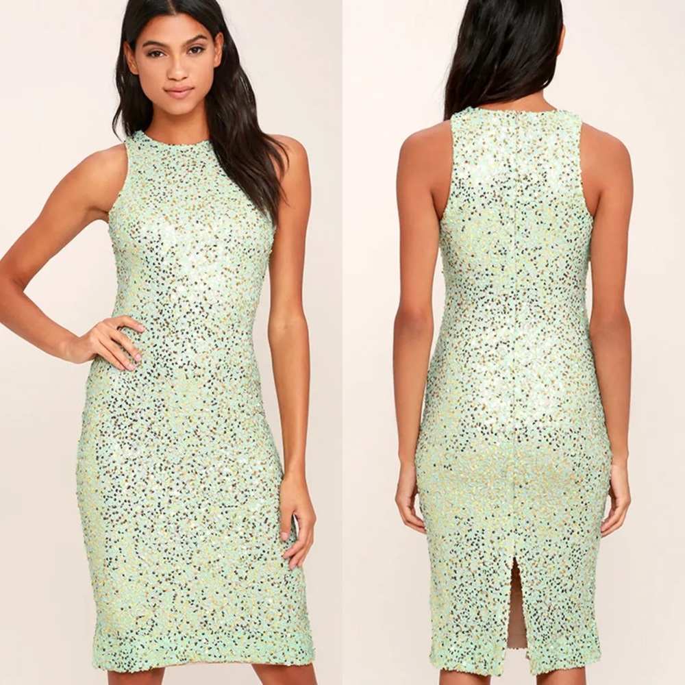 Dress the Population Shawn sequin midi bodycon dress mint gold